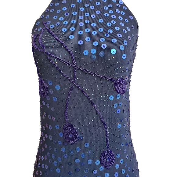 Beaded Sequin Blue High Neck Sleeveless Top - Small - Picture 2 of 7